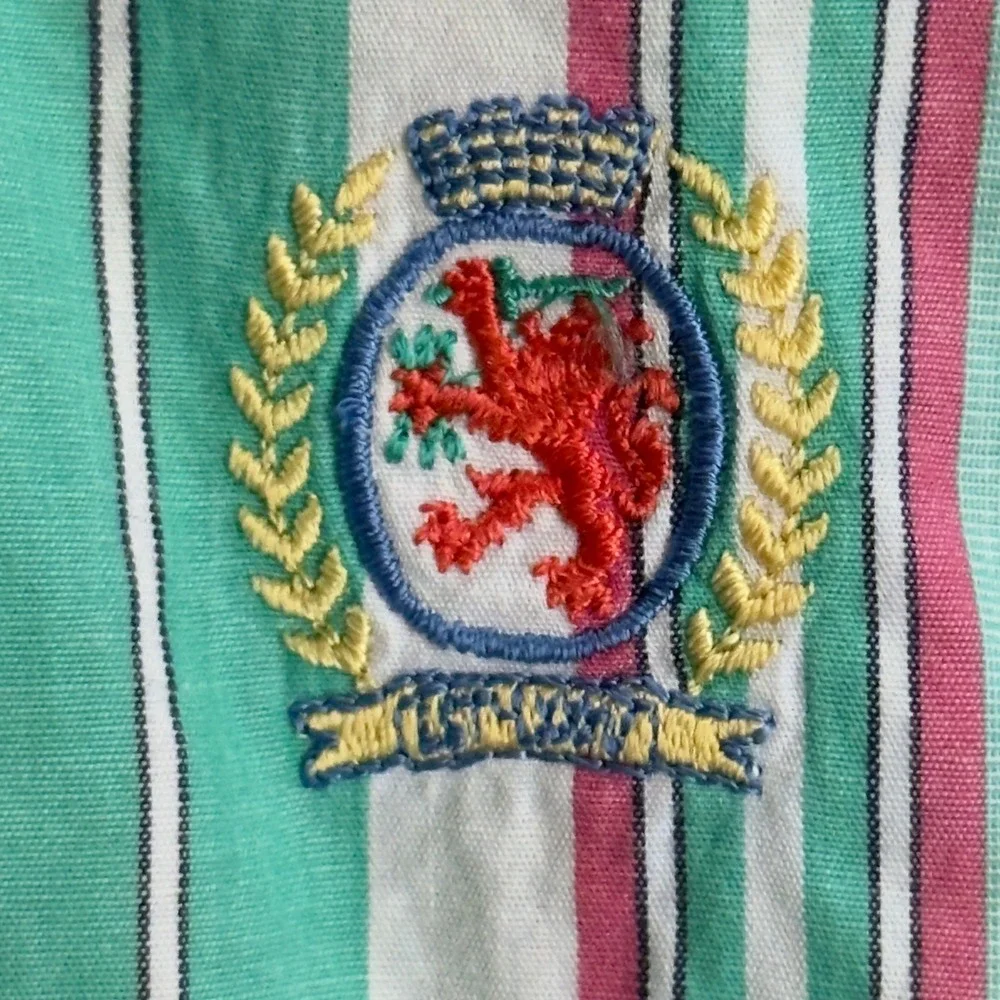 Vintage 90s Tommy Hilfiger Striped Button Down Shirt Mens L Green Pink Crest
